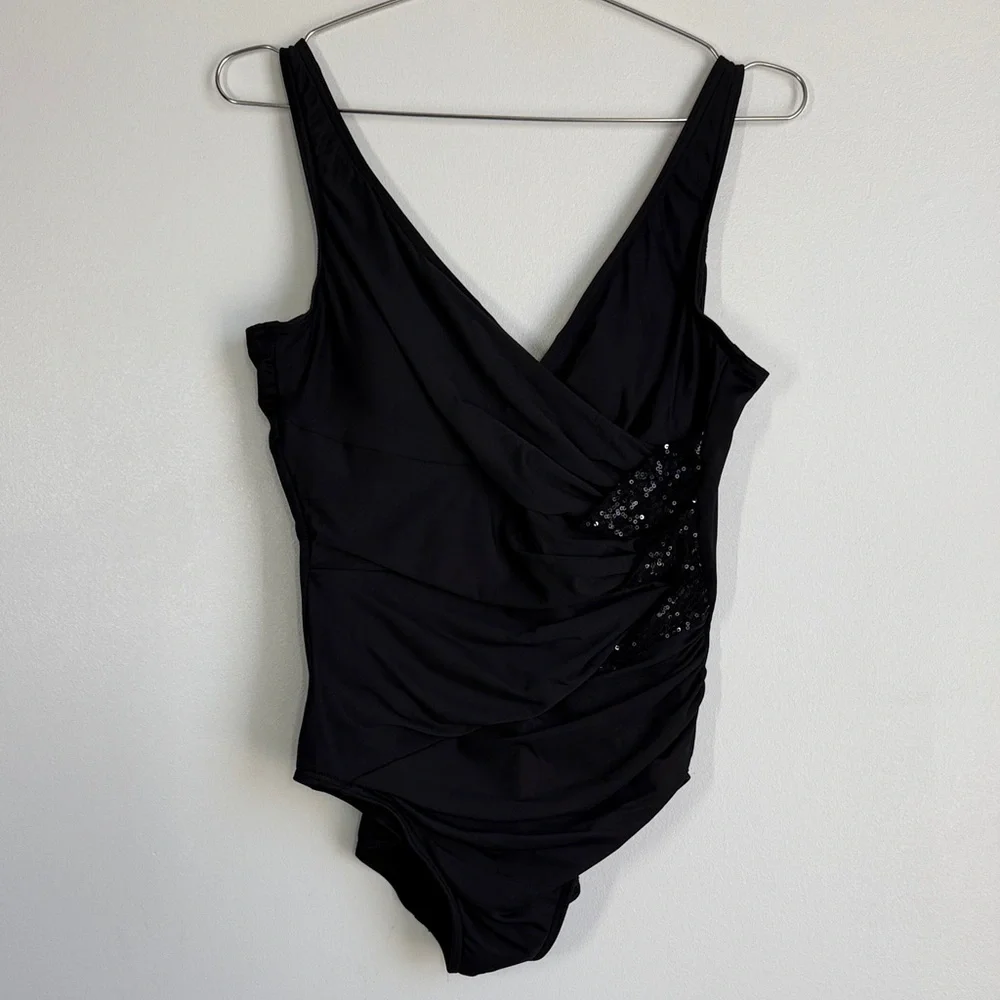 Black Sequin Detail V-Neck One-Piece Swimsuit